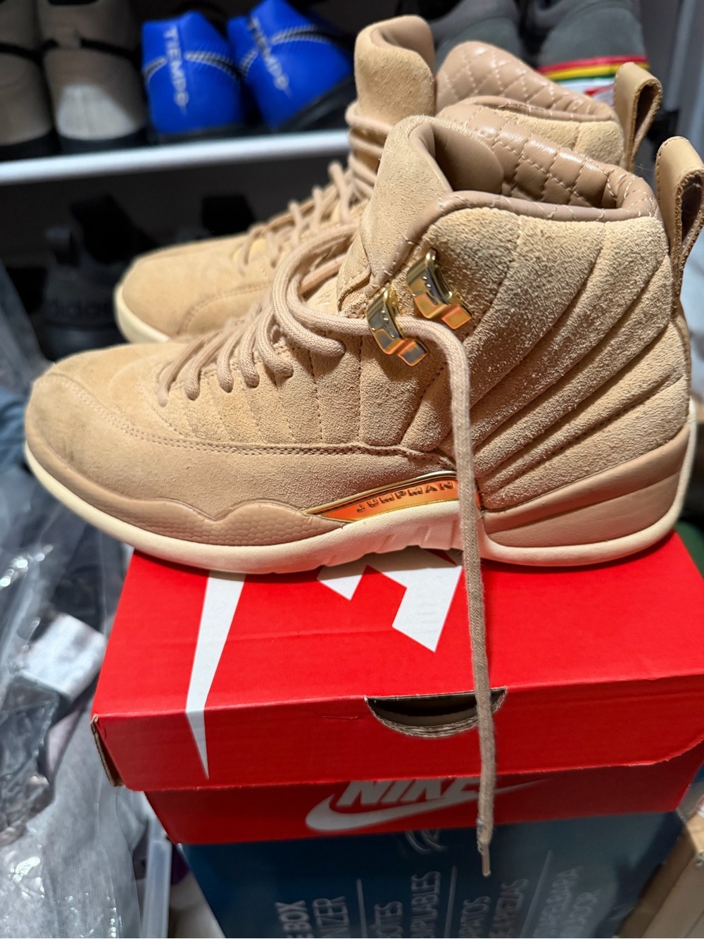 Jordan Women’s High-Top Sneakers in Tan Suede with Gold Accents